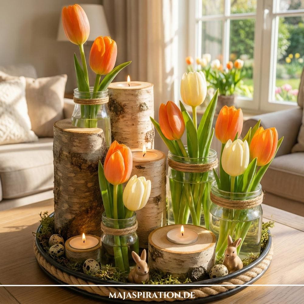 Natürliche Frühlingsdeko mit Holzstämmen und Tulpen