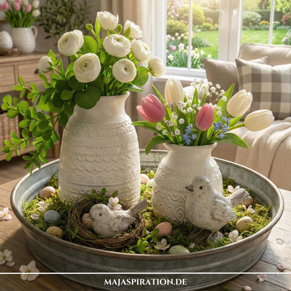 Frühlingsdeko Idee im Landhausstil mit Zinkwanne und Vogelnestern