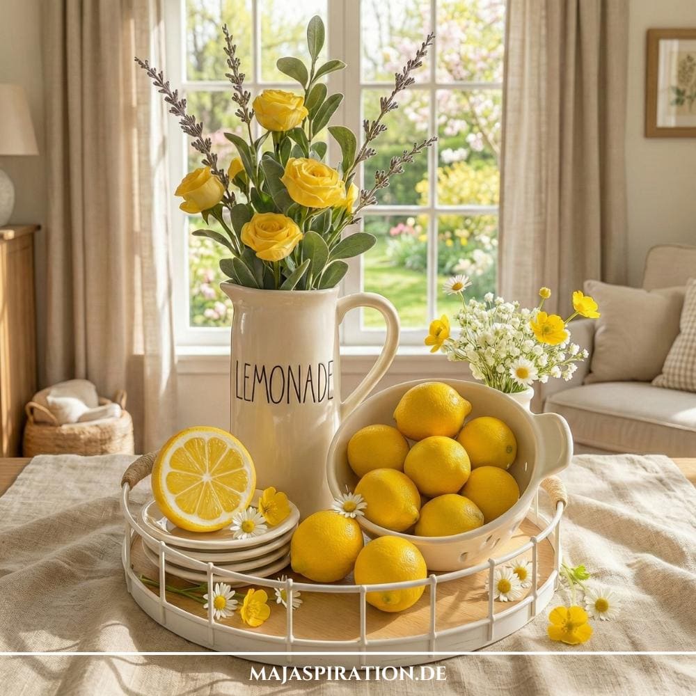 Rustikale Frühlingsdeko Idee mit Zitronen und Leinentuch