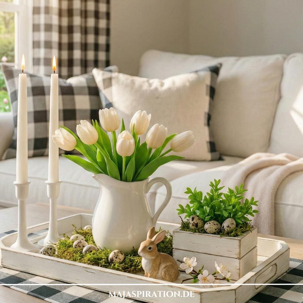 Moderne Landhausstil Frühlingsdeko mit weißem Holztablett, weißen Kerzenständern und Schachbrettmuster Textilien