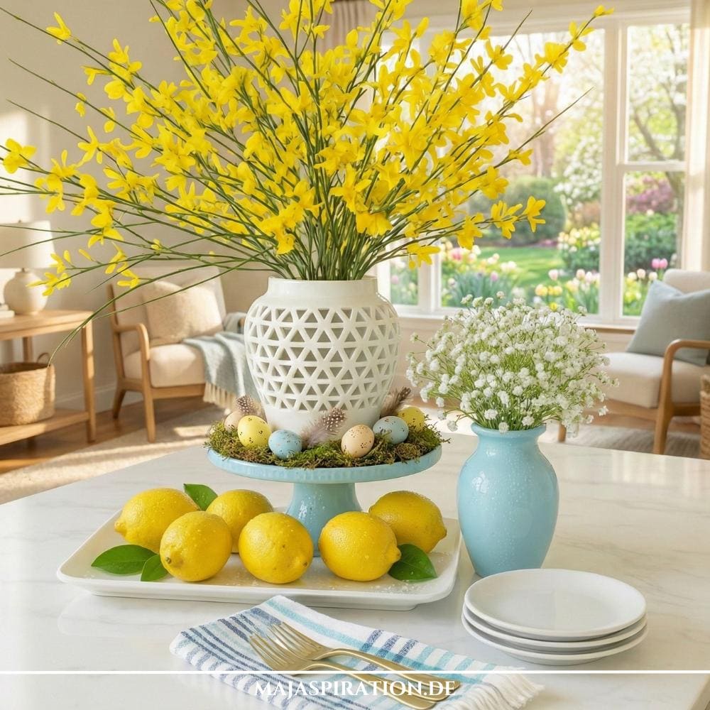 Strahlende Frühlingsdeko mit gelben Zweigen, Zitronen und hellblauer Keramik