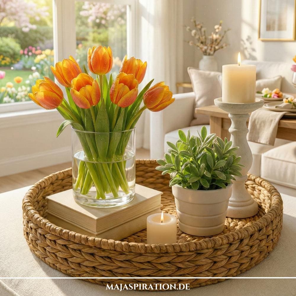 Einfache Frühlingsdeko Idee mit geflochtenem Tablett und orangenen Tulpen
