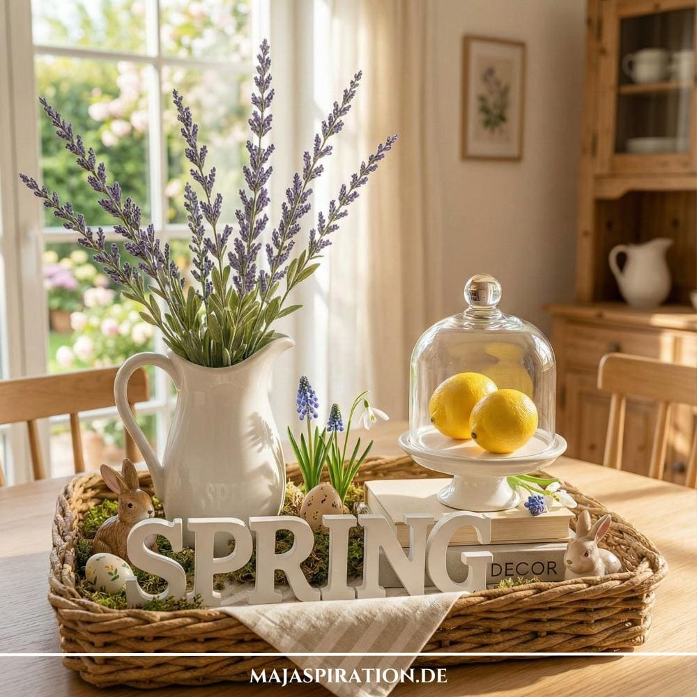Rustikale Frühlingsdeko mit geflochtenem Tablett und Lavendel in Krugvase