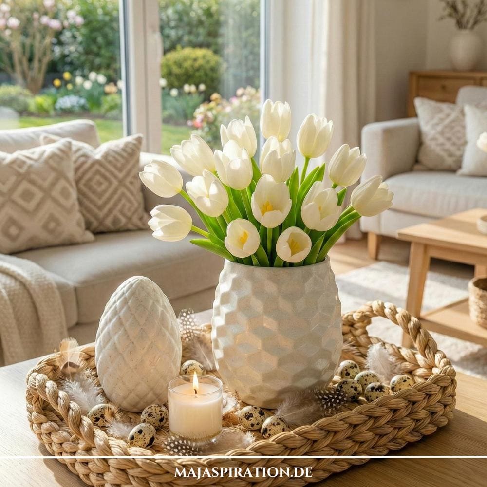 Romantische Frühlingsdeko im zarten Landhausstil mit geflochtenem Tablett, weißer Vase und Deko Ei