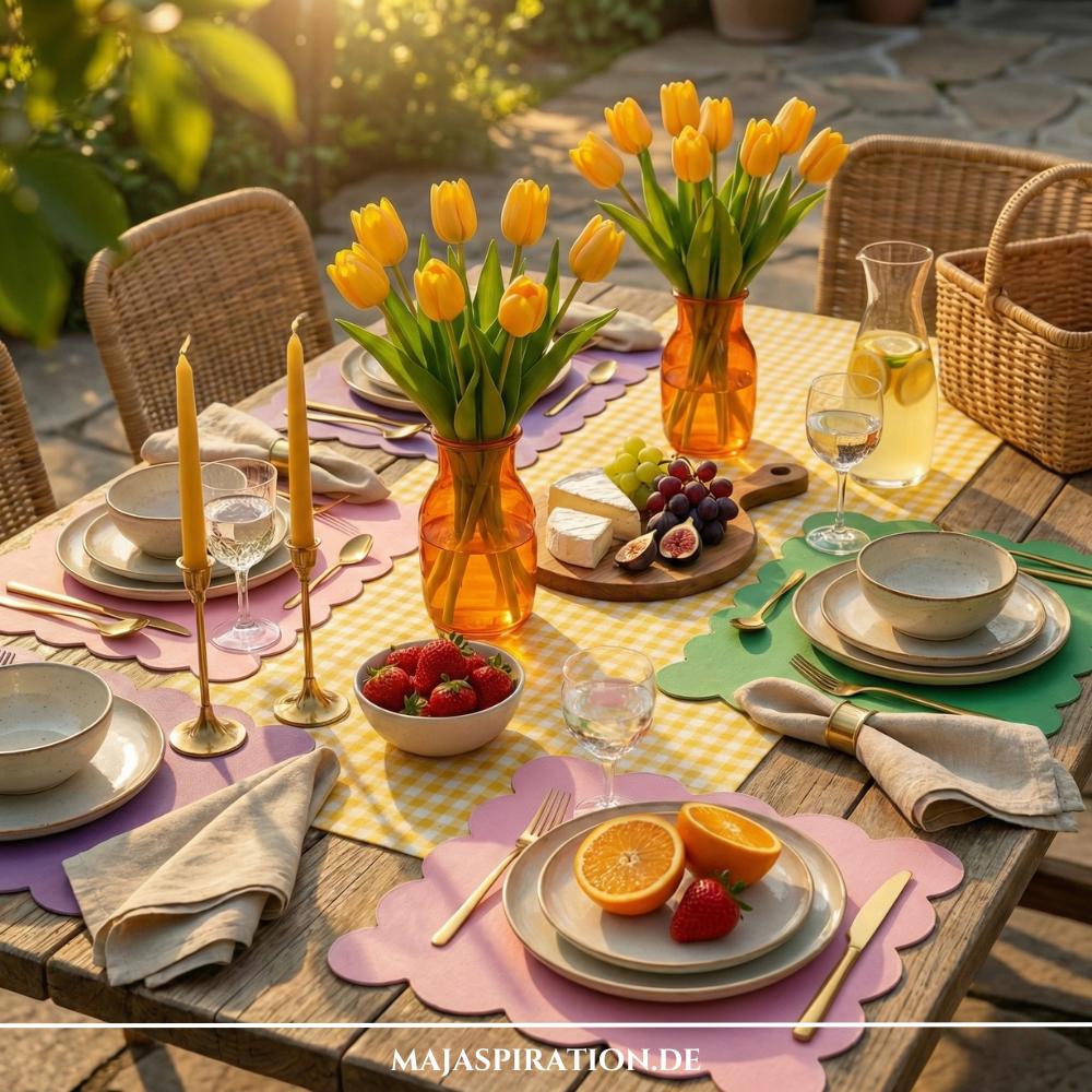 Bunte Tischdeko Idee für den Garten