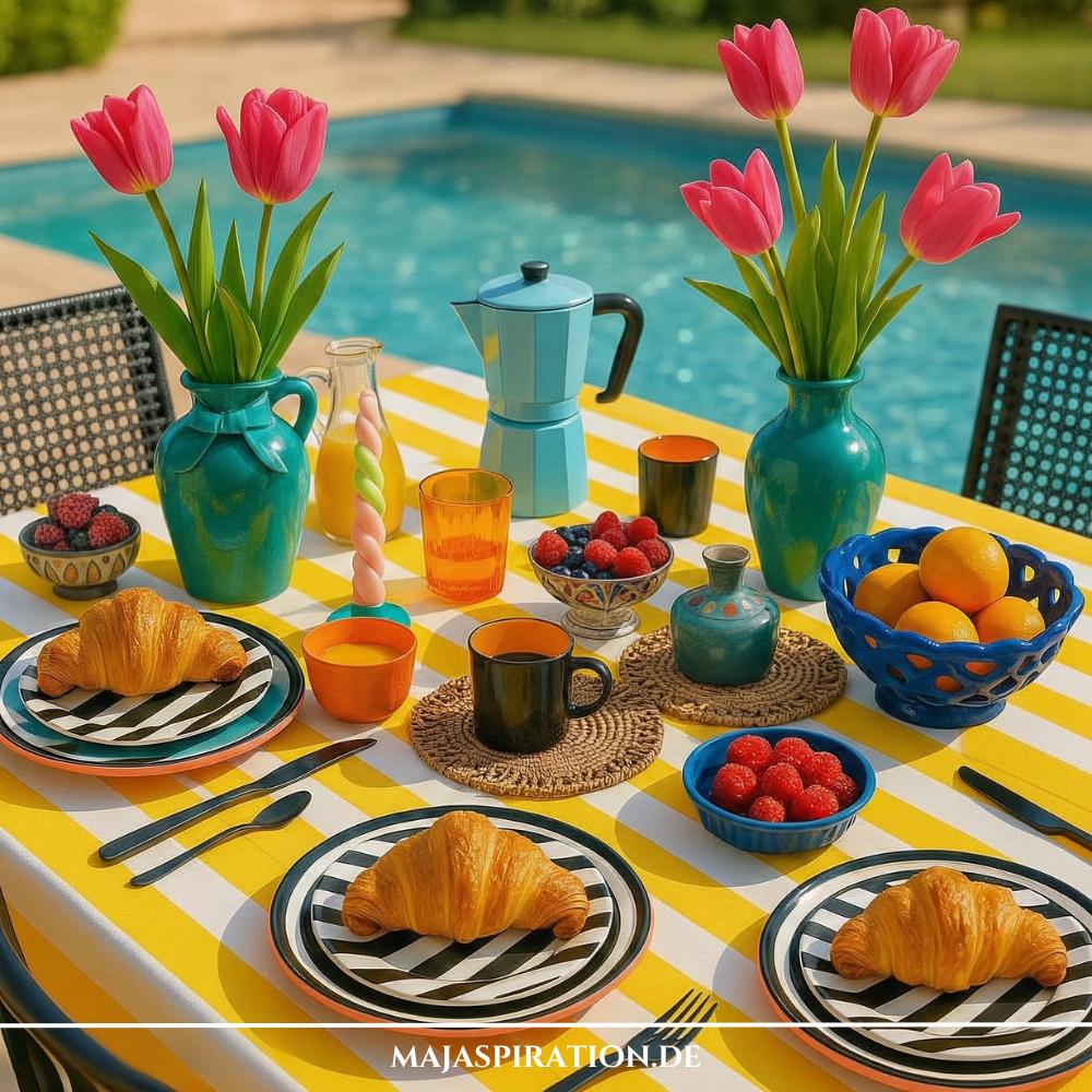 Sommerlich gedeckter Tisch am Pool