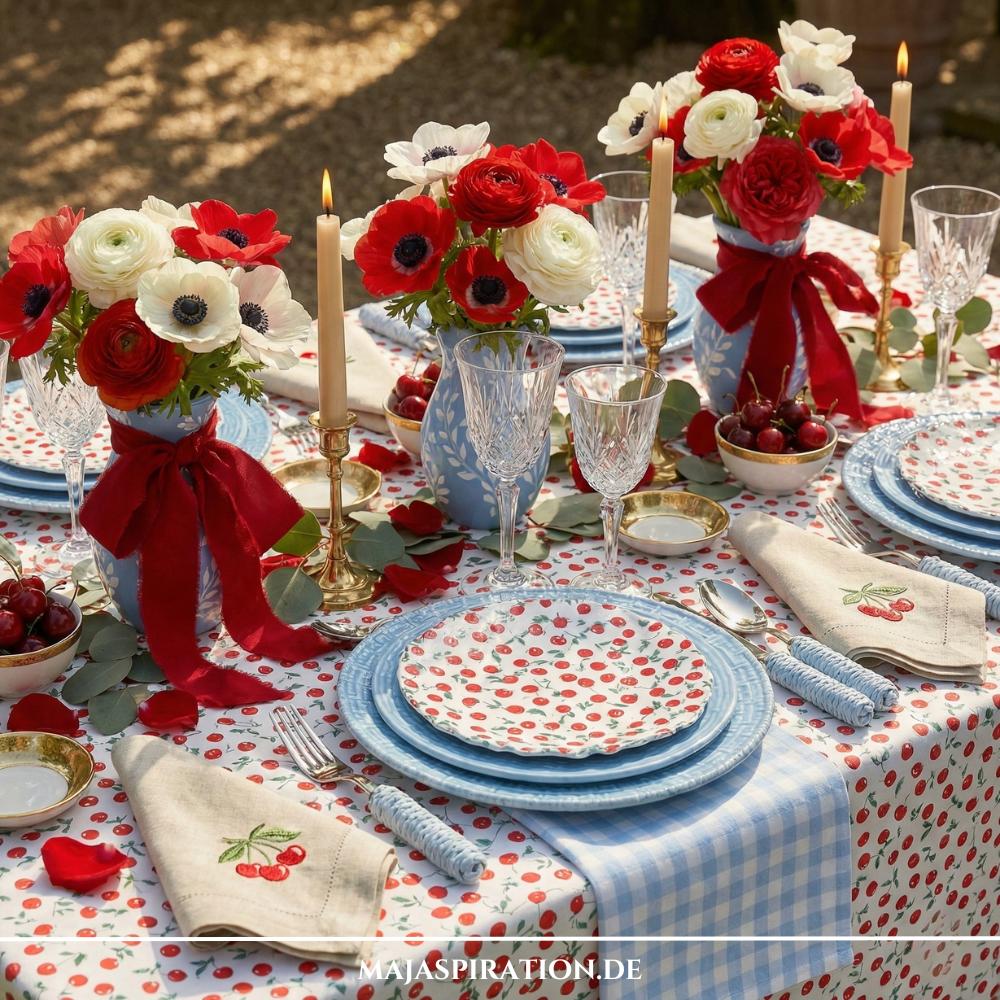 Sommerdeko für den Esstisch mit Kirschen