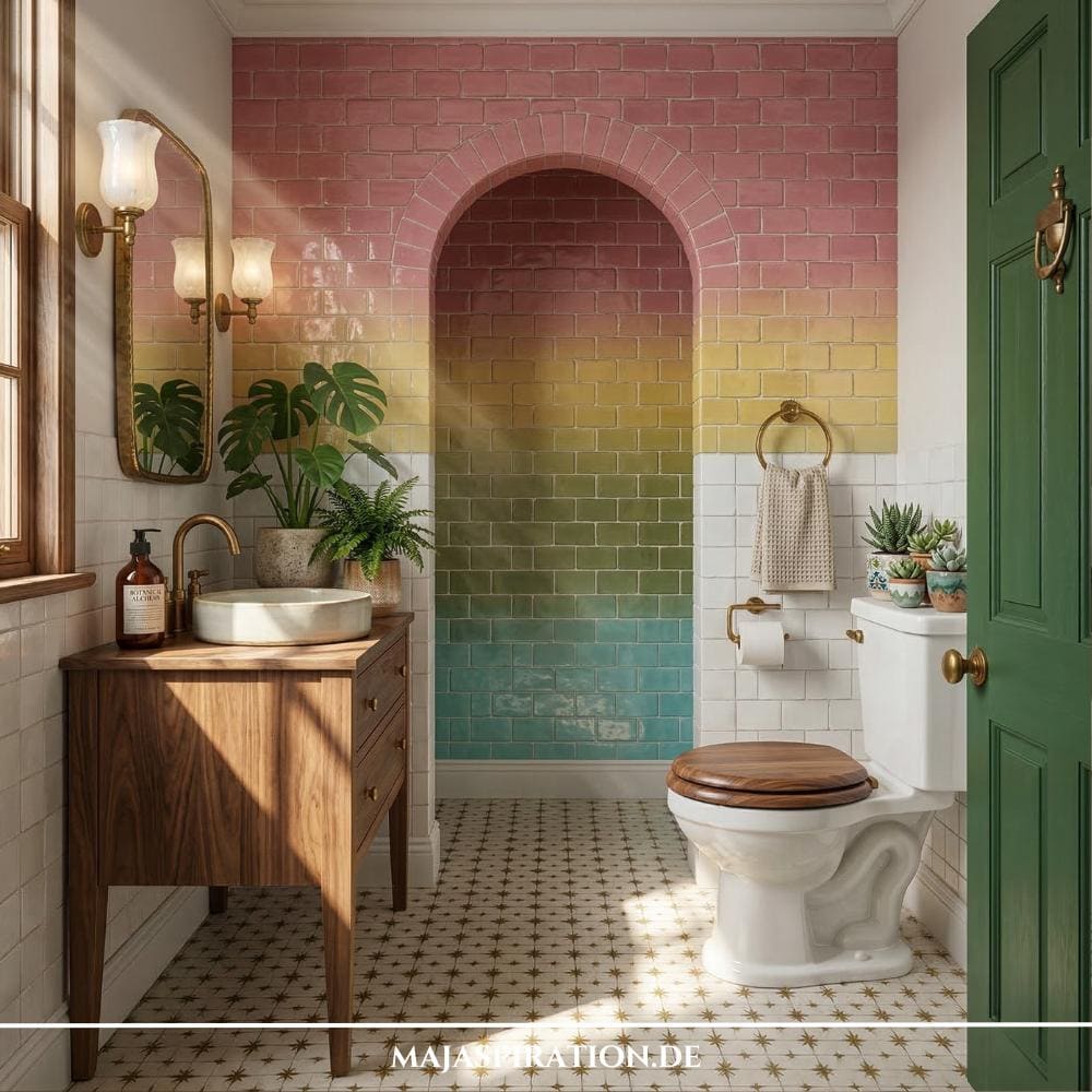 Gäste WC Idee mit Regenbogenfliesen und einem Waschtisch aus Holz