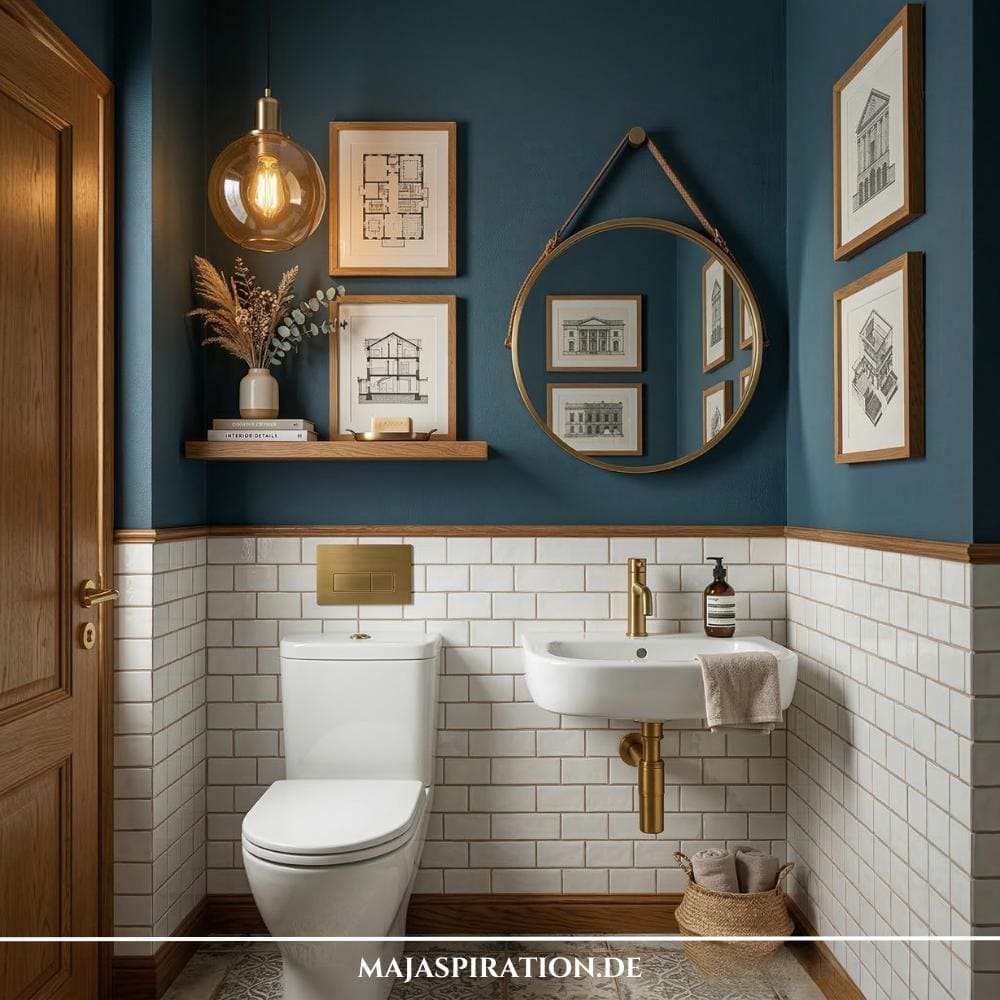 Gäste WC Idee im maritimen Look mit dunkelblauer Wand und goldenen Armaturen.