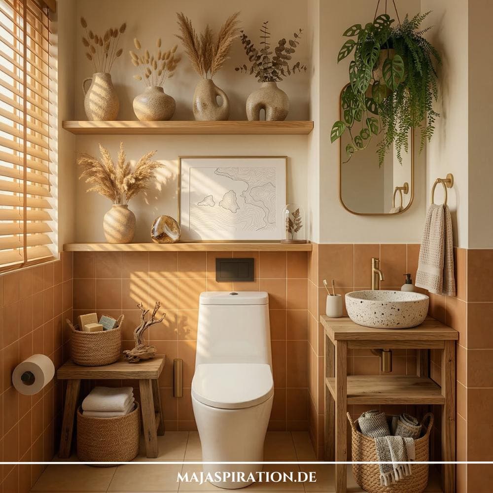 Gäste WC Idee in Altrosa, kombiniert mit Holzregalen, beigen Vasen und Pampasgras.