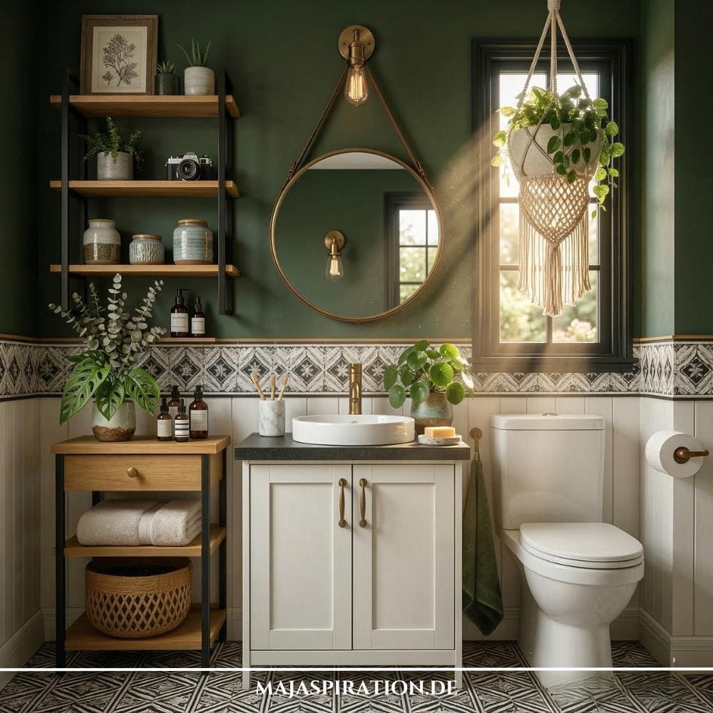 Schöne Gäste WC Idee mit grüner Wand, Makramee Blumenampel und Holzregalen.