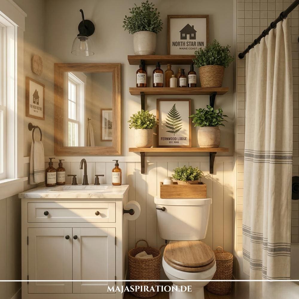 Gäste WC Idee mit Schweberegalen und kleinen Pflanzentöpfen, dazu ein beiger Duschvorhang und ein Badspiegel mit Holzrahmen.