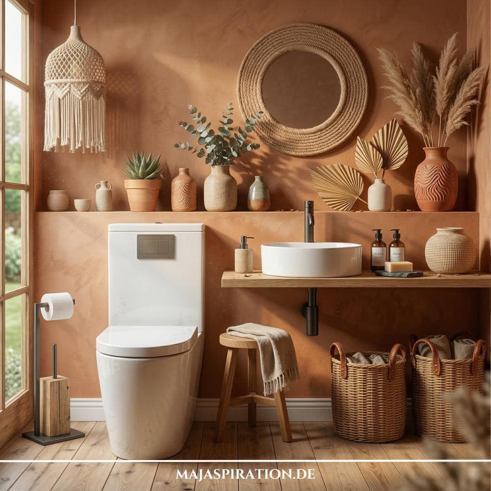 Boho Gäste WC Idee mit erdbraunen Wänden, Makramee Behängen und Korbdekoration.