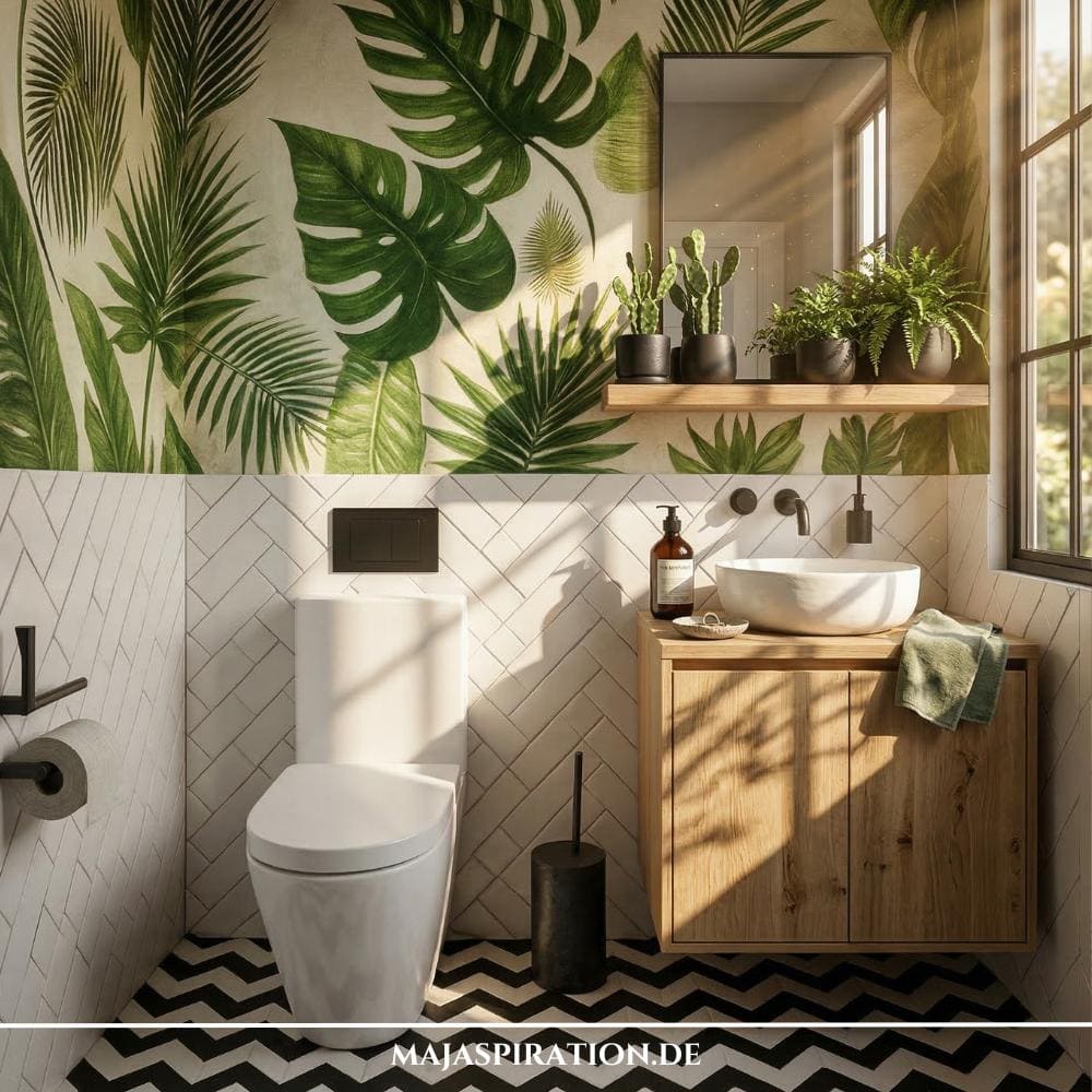 Gäste WC Idee mit Dschungel Tapete aus grünen Blättern und weißen Wandfliesen, die die Hälfte der Wand einnehmen. Dazu ein Waschbeckenschrank aus Holz und schwar-weiße Bodenfliesen.
