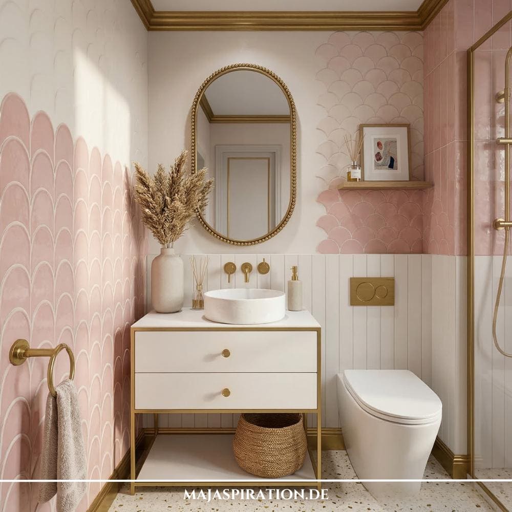 Gäste WC Idee mit rosa Schuppenfliesen, Flauschteppich und goldenen Akzenten.