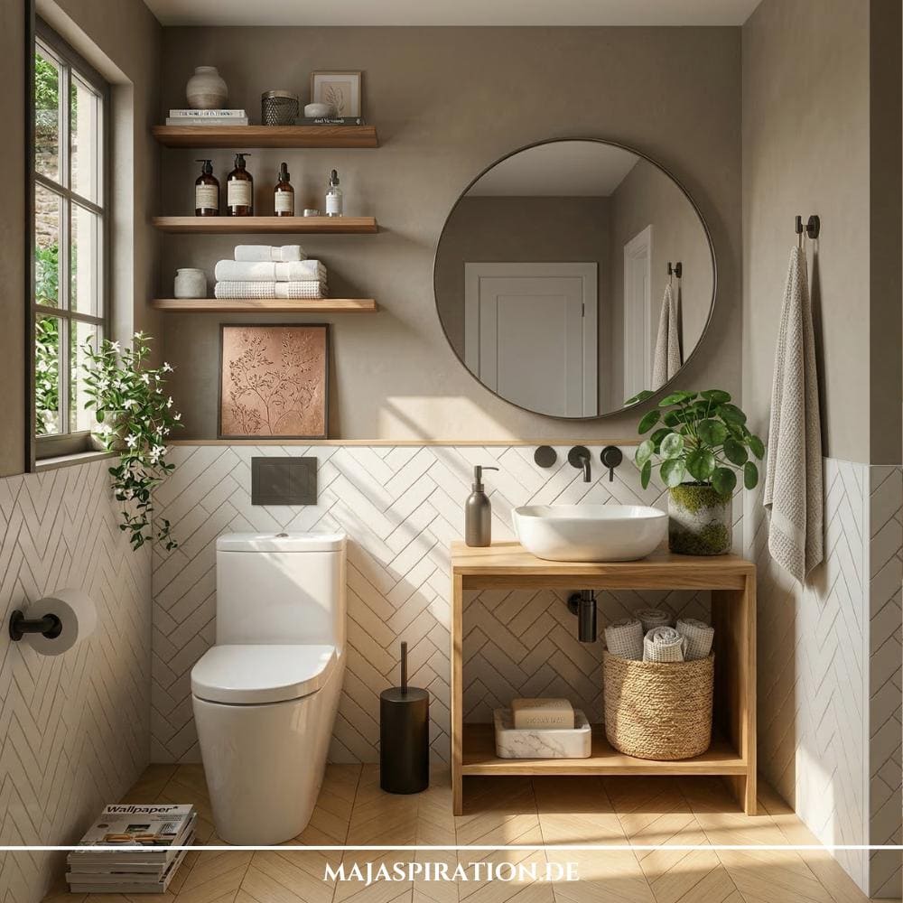 Gäste WC im Japandi Look. Geflieste Wand kombiniert mit moosgrüner Wand und Holzelementen.