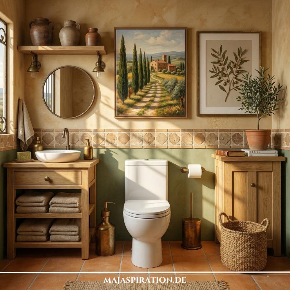 Gäste WC Idee im Toskana Look. Olivgrüne Wand mit Erdtönen und Toskana Bildern.