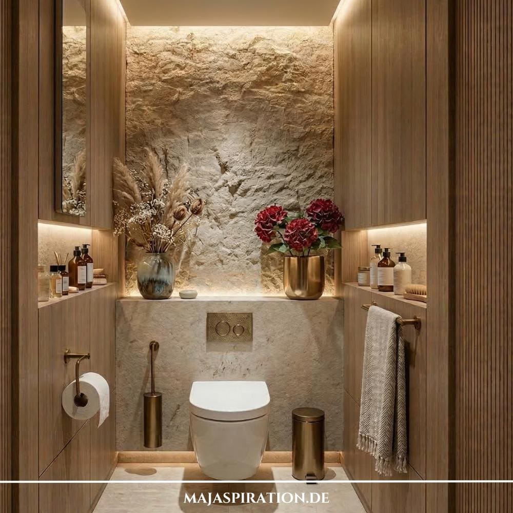 Luxuriöse Gäste WC Idee mit indirekter Beleuchtung und Steinwand.