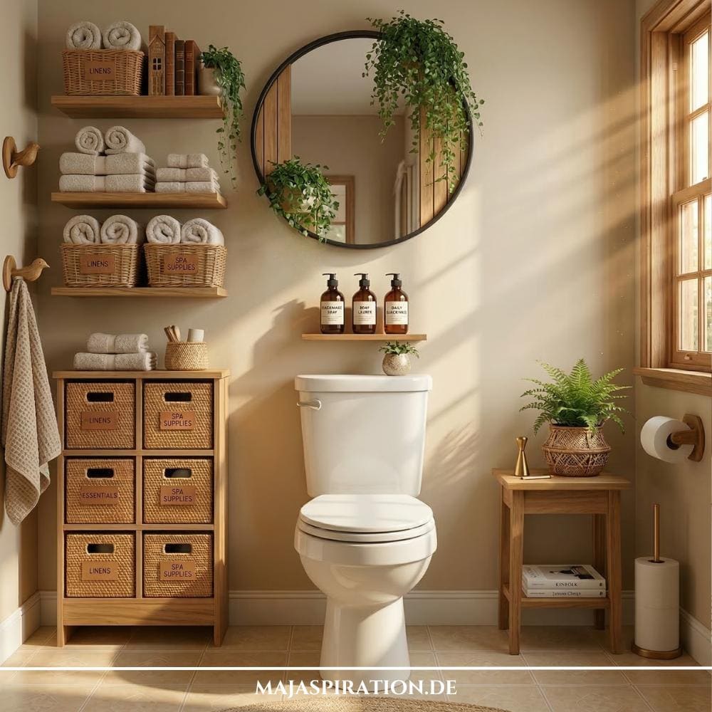 Süße Badezimmer Idee mit hellgelber Wandfarbe und vielen Holzelementen.