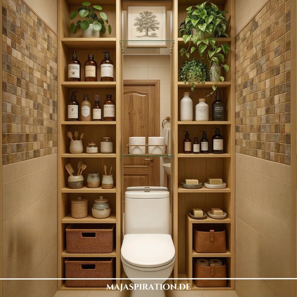 Gäste WC mit Holzregalen über dem WC für Stauraum.