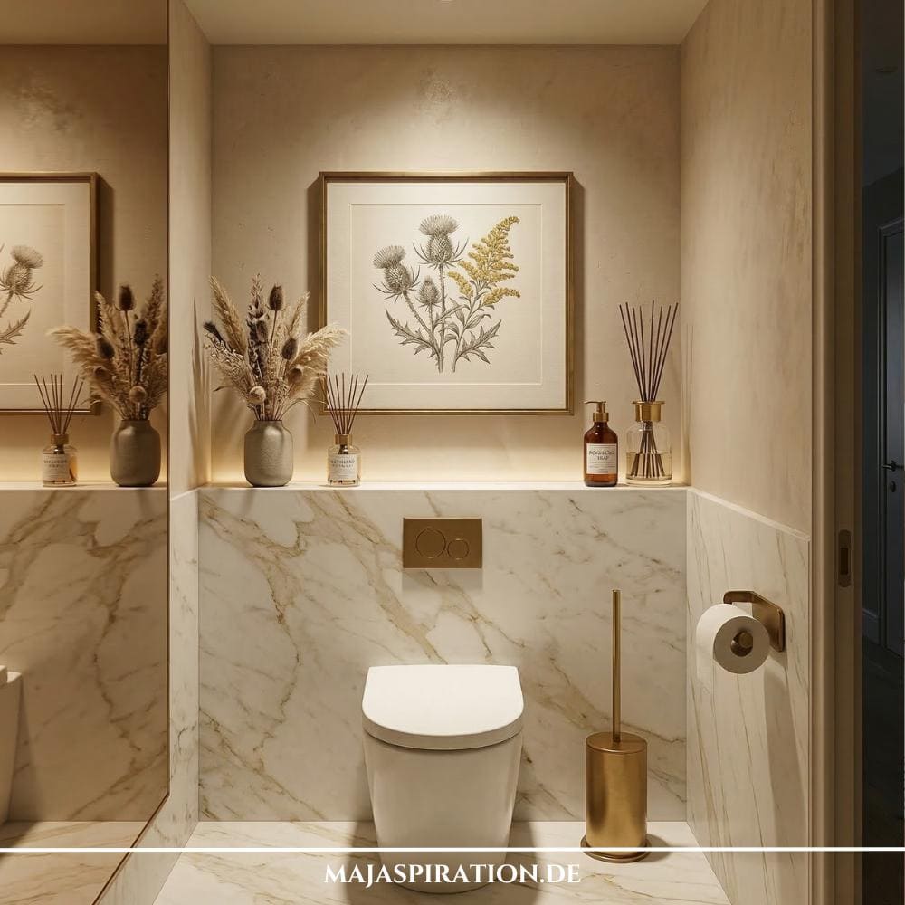 Luxuriöse aber minimalistische Gäste WC Idee mit Marmorwand, goldener WC Bürste und einem eleganten Wandbild.