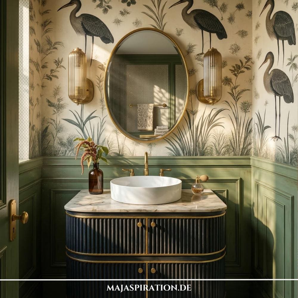 Stilvolle Badezimmer Idee mit Pelikan Tapete, Vintage Wandleuchten und Barock-Waschbecken.