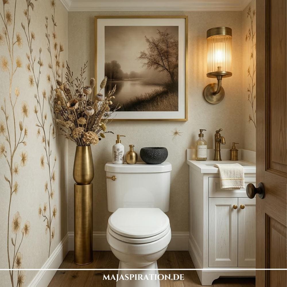 Wundervolle Gäste WC im Jugendstil-Look. Eine elegante minimalistische Tapete mit goldenen Pflanzenranken, goldener Dekoration und einer Retro Wandleuchte.