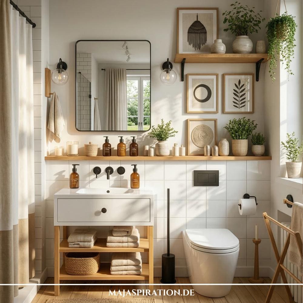 Badezimmer Idee mit vielen Pflanzen und schwebenden Holzregalen.