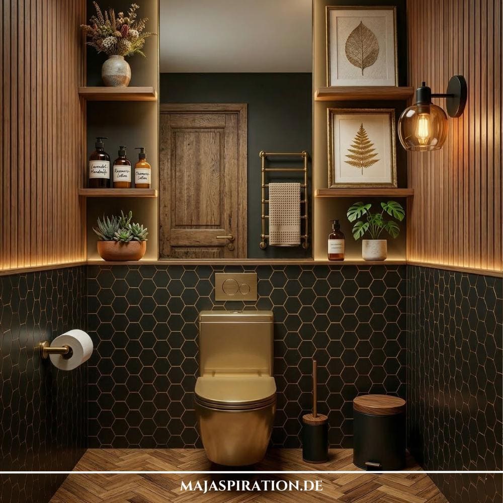 Stilvolle Gäste WC Idee mit schwarzen Fliesen, Holz und goldener Dekoration.