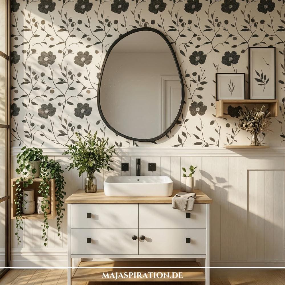 Süße Badezimmertapete mit Blumenmuster und goldigen Akzenten.