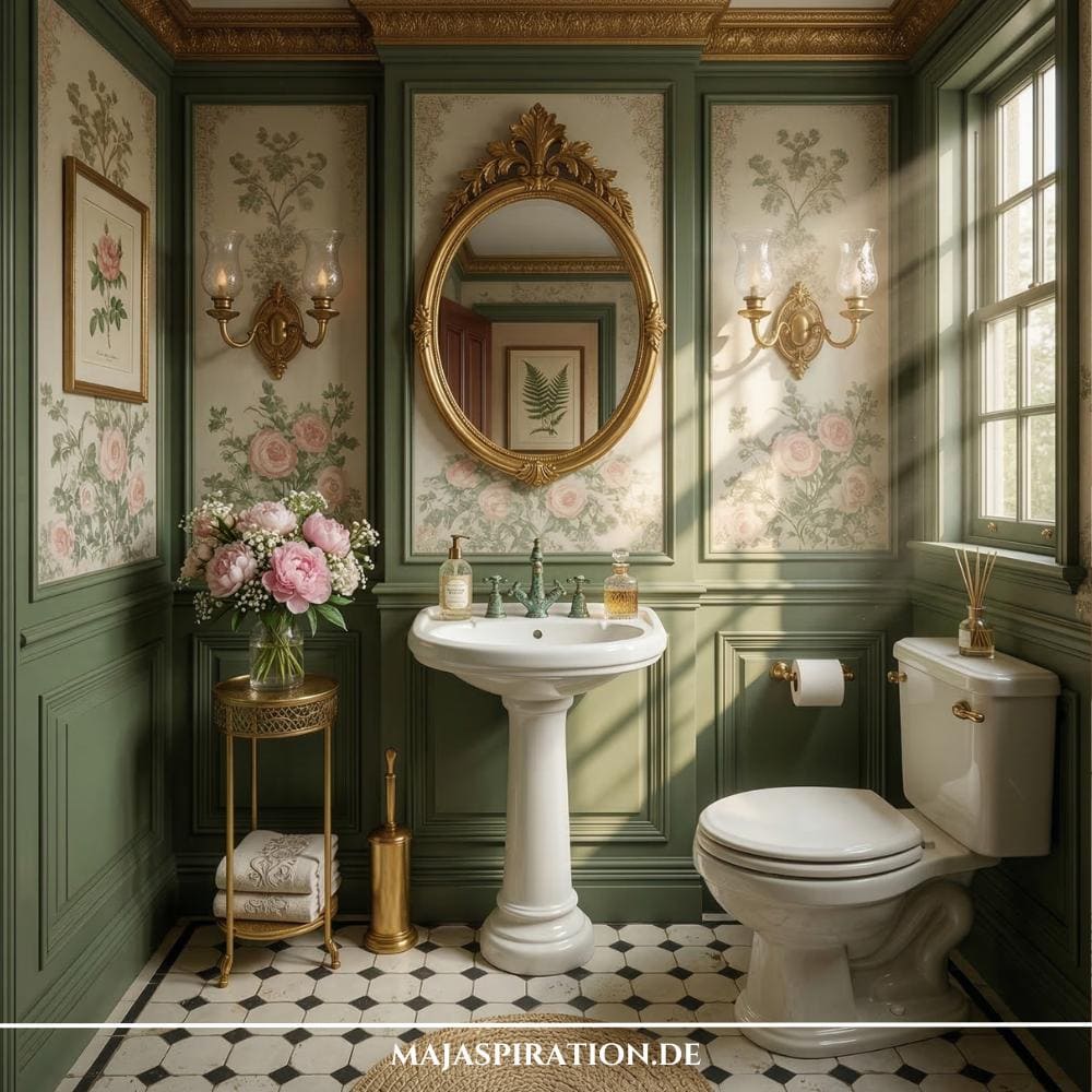 Gäste WC Idee im Barocklook in grünen Tönen und Goldakzenten.