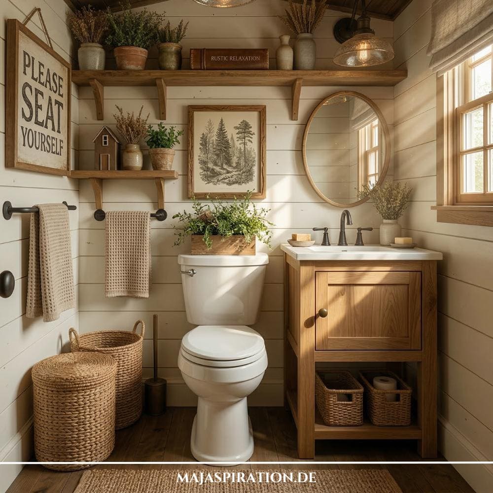 Rustikale Gäste WC Idee mit humorvollen Holzschildern, dunklen Holzmöbeln und Vintage Leuchten.