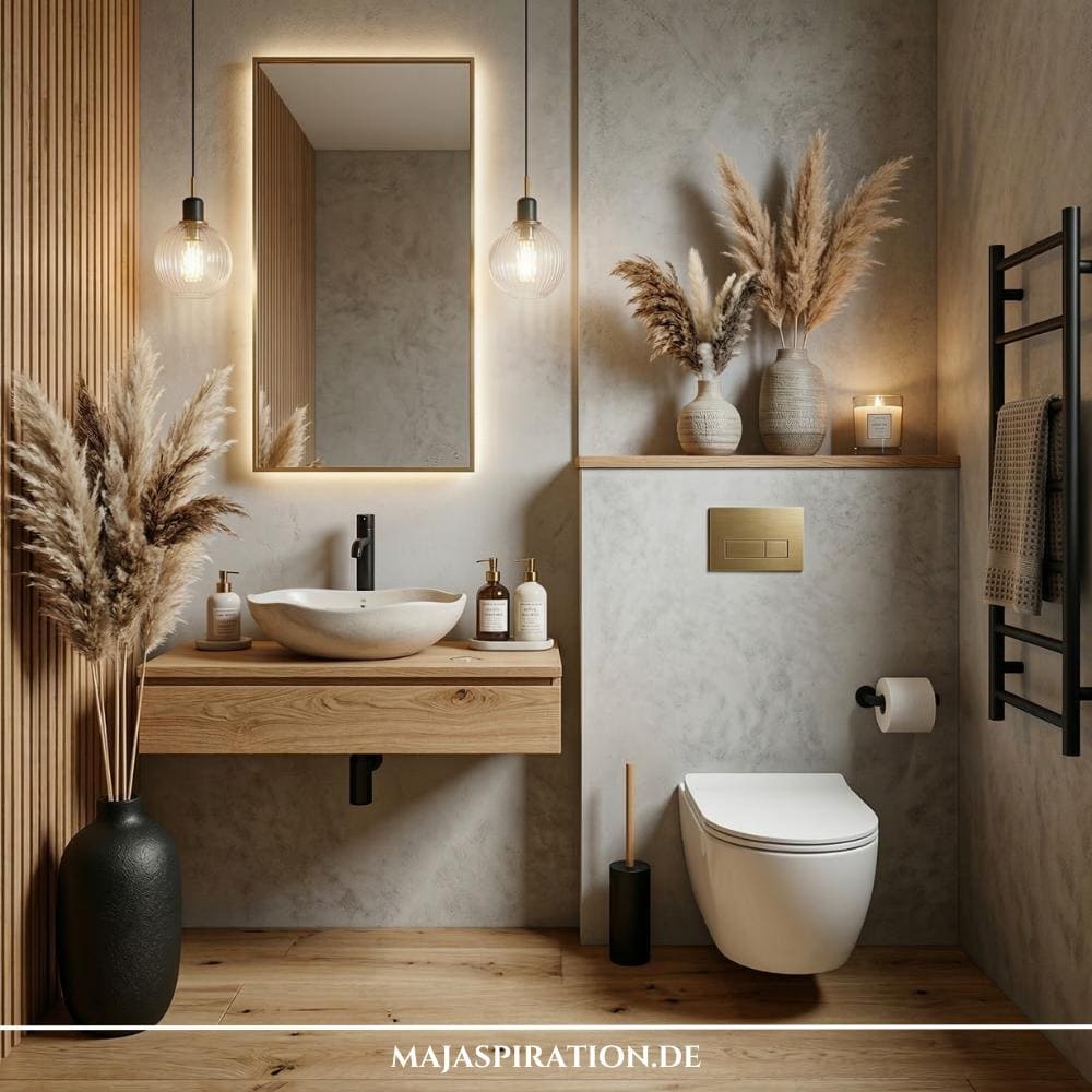 Stilvolle Gäste WC Idee mit Holzwand, dunkler Wand und viel Pampasgras.