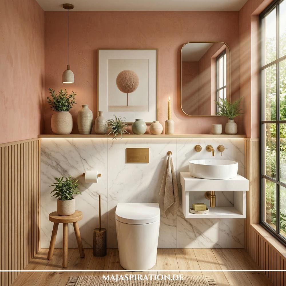 Traumhafte Gäste WC Idee in Rosa mit Marmorelementen und Golddetails.