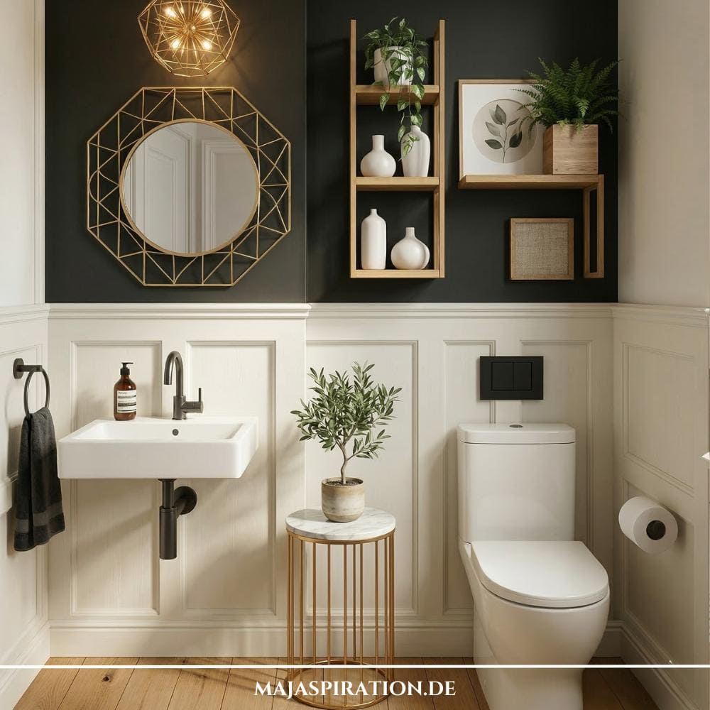 Gäste WC Idee mit weißer Holzvertäfelung bis zur Mitte und einer dunkelblauen Wandfarbe für die obere Hälfte. Metalldekoration und Pflanzen ergänzen das Bild.