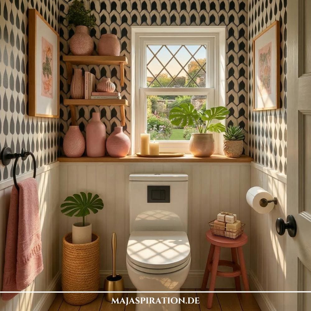 Retro Gäste WC Idee mi geometrischer schwarz-weiß Tapete und pinken Deko-Elementen, wie Vasen und Handtücher.