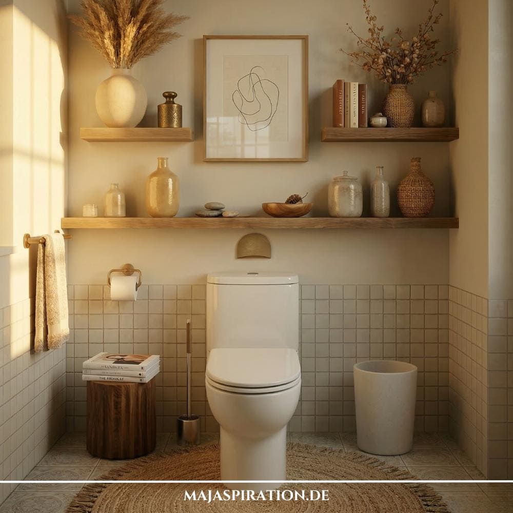 Süße Gäste WC Idee mit Schweberegalen aus Holz und Deko Elementen in Erdtönen.
