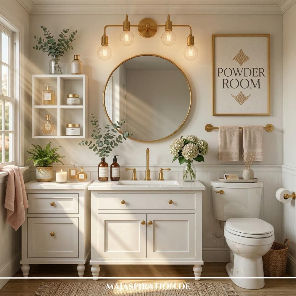 Süße Gäste WC Idee mit weiß-goldenem Waschschrank und rosa Dekorationselementen