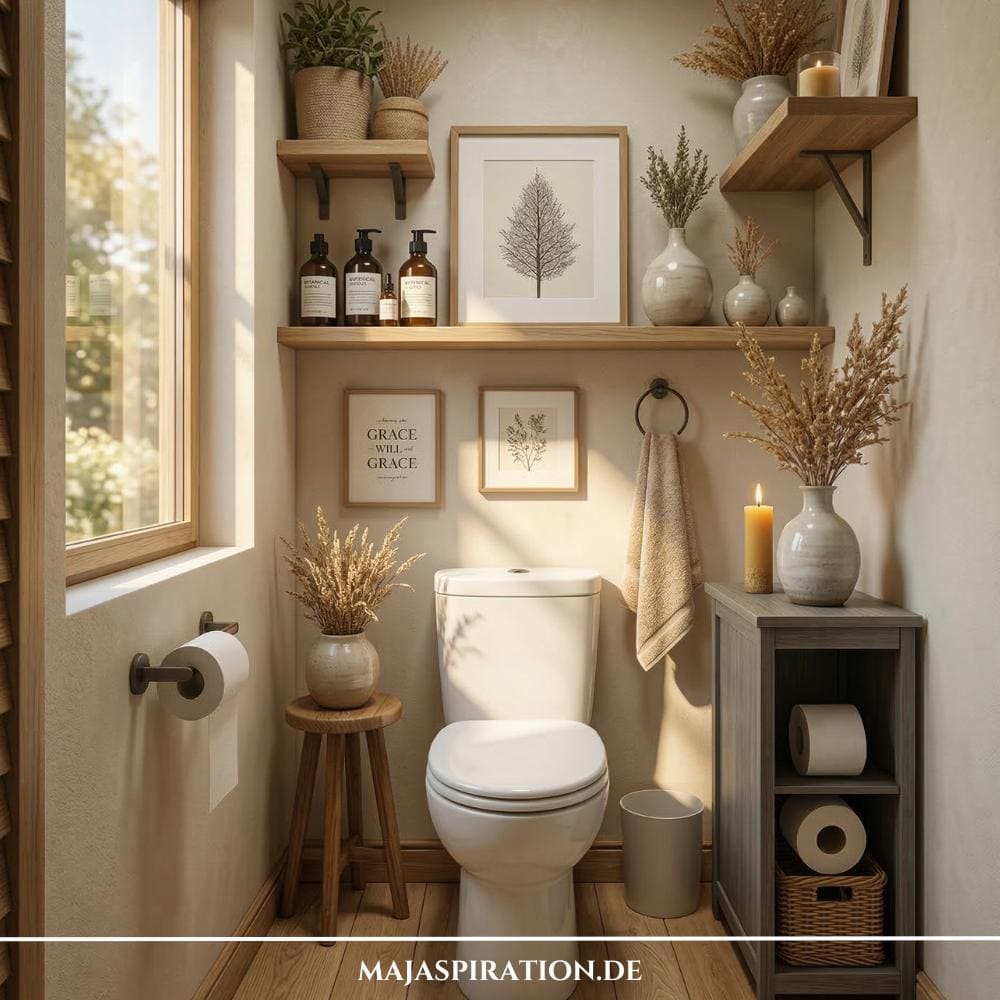 Gäste WC Idee mit Wandregalen und Bildern sowie kleinem Holzschrank.