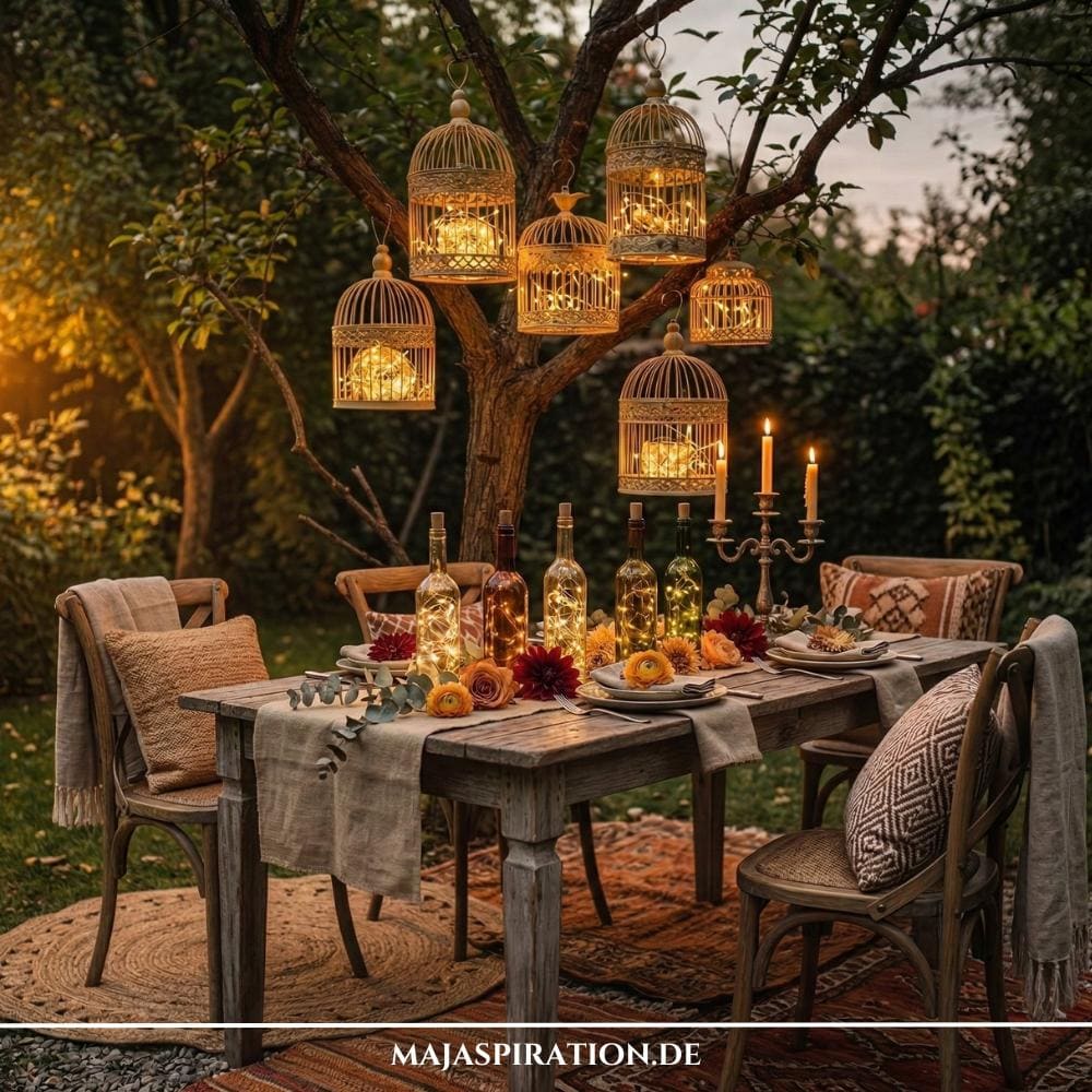 Eine stimmungsvolle Szene mit hängenden, beleuchteten Vogelkäfigen und Lichterketten in Flaschen, die als kreative Gartenparty Deko Ideen dienen. Ein rustikaler Holztisch ist mit Blumen, Kerzen und Textilien gedeckt und steht auf Teppichen unter einem Baum in einem Abendgarten. Dieses Setup zeigt, wie man mit Licht und Natur eine bezaubernde und einladende Atmosphäre für Gäste schaffen kann.