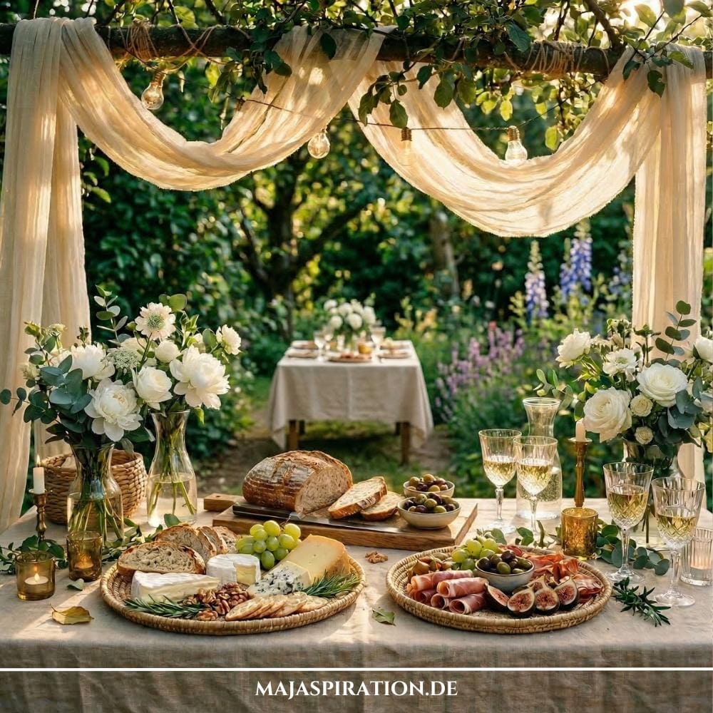 Ein festlich gedeckter Tisch im Freien mit mediterranen Köstlichkeiten und weißen Blumen liefert inspirierende Gartenparty Deko Ideen. Im Hintergrund sorgt eine sanfte Stoff-Drapierung an einem Baum zusammen mit Lichterketten für eine stimmungsvolle, rustikale Atmosphäre im Boho-Stil. Diese Dekoration ist ideal für ein gemütliches und stilvolles Beisammensein im sommerlichen Garten.