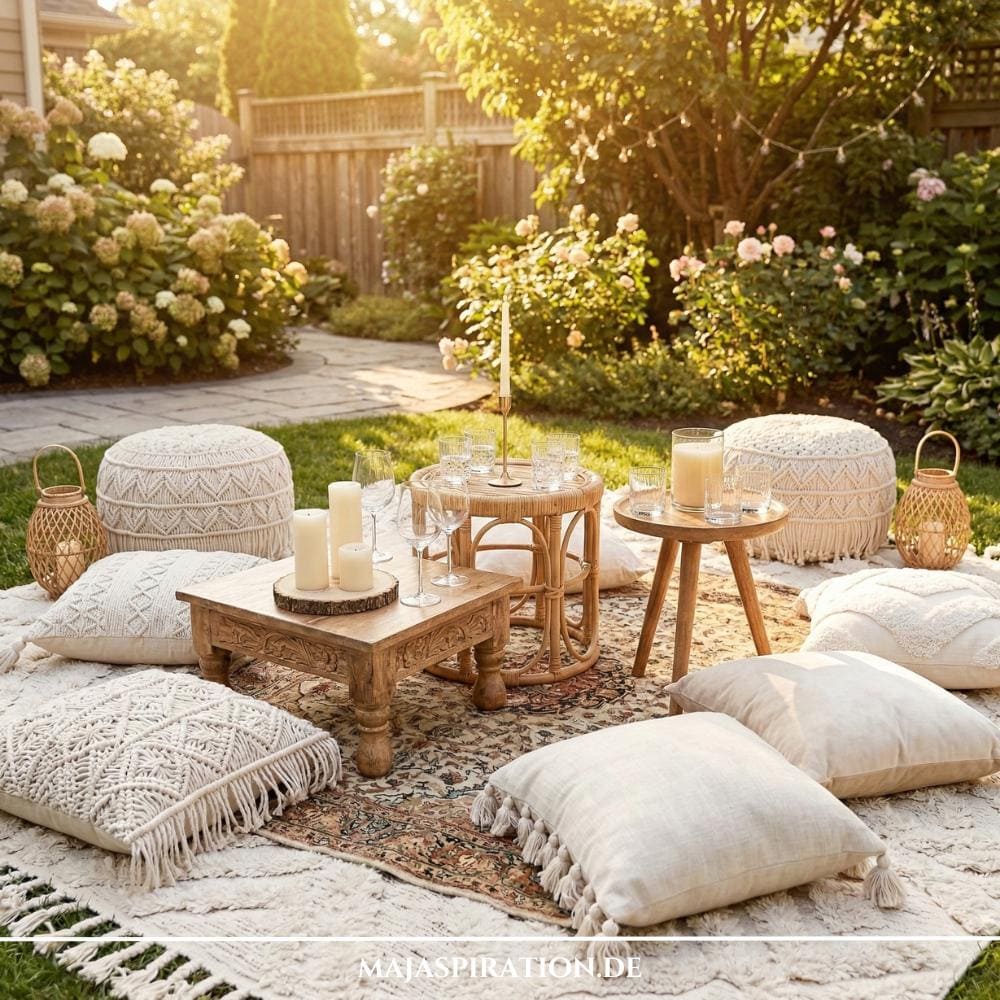 Inspirierende Gartenparty Deko Ideen für eine gemütliche Lounge mit hellen Teppichen, Makramee-Poufs und Bodenkissen auf einer grünen Rasenfläche. Kleine Holztische mit Kerzen und Windlichtern ergänzen das sommerliche Picknick-Setting im modernen Boho-Stil.