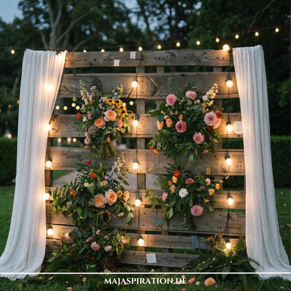 Diese stimmungsvolle Paletten-Fotowand ist voll von kreativen Gartenparty Deko Ideen für eine unvergessliche Feier. Rustikales Holz, üppige Blumensträuße in Pastellfarben und warm leuchtende Lichterketten bilden einen zauberhaften Foto-Hintergrund, der von zarten weißen Vorhängen eingerahmt wird. Ein perfektes Beispiel für eine DIY-Gartenparty-Dekoration.
