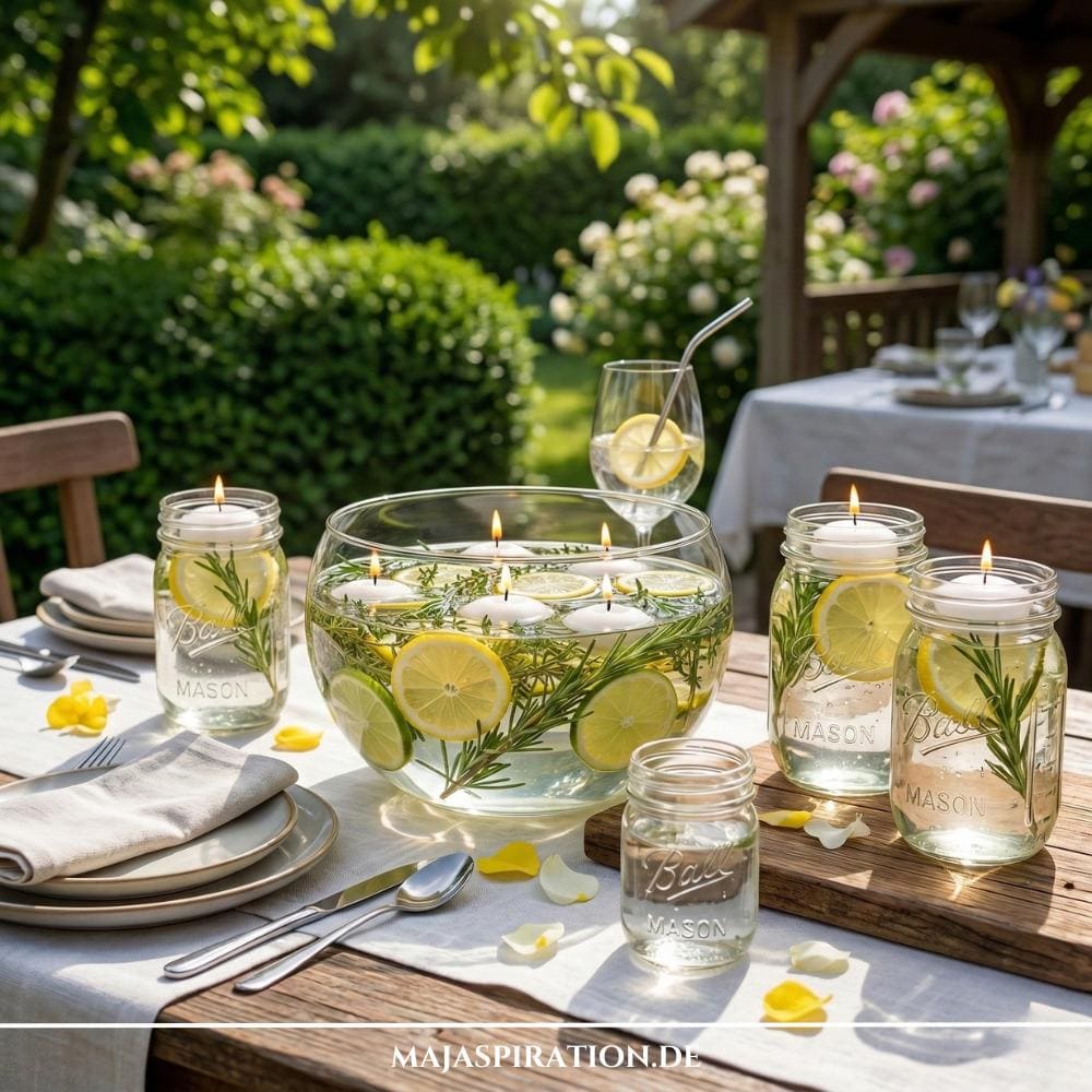 Detaillierte Aufnahme eines rustikalen Holztisches mit DIY-Gartenparty Deko Ideen, die ein frisches und sommerliches Ambiente schaffen. In der Mitte steht ein Glas-Bowl mit schwimmenden Kerzen, Zitronen-, Limettenscheiben und Rosmarin, umgeben von Mason Jar-Windlichtern und elegantem Besteck. Im sonnigen Hintergrund ist ein einladender Garten mit Pavillon zu sehen.