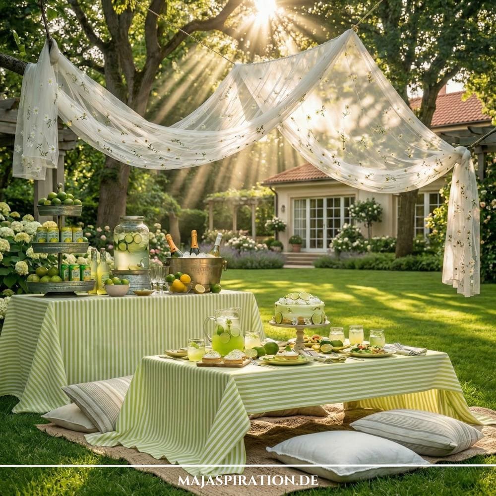 Eine sommerliche Szene mit kreativen Gartenparty Deko Ideen rund um das Thema Limetten, inklusive grün gestreifter Tischdecken und Erfrischungen. Im Hintergrund sorgt ein luftiger Stoffbaldachin über gemütlichen Bodenkissen für eine stilvolle und entspannte Atmosphäre im sonnigen Garten.