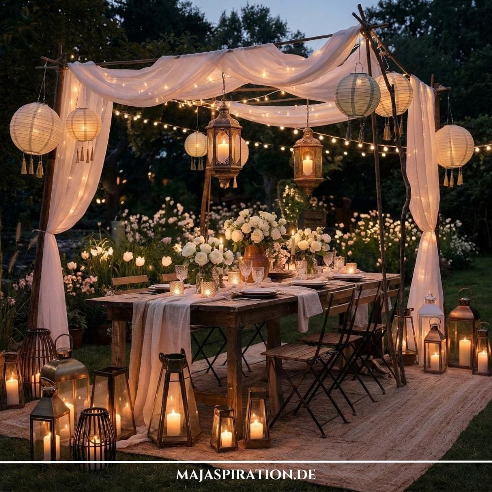 Eine magische nächtliche Szene, die inspirierende Gartenparty Deko Ideen zeigt: Ein rustikaler Holztisch, umgeben von einem Pavillon mit Lichterketten, hängenden marokkanischen Laternen und weißen Lampions. Dutzende von Windlichtern und Kerzen in verschiedenen Größen auf dem Boden und Tisch schaffen ein warmes, romantisches Ambiente für eine Abendveranstaltung im Freien. Dieses Arrangement aus Lichterketten, Hängeleuchten und Bodenwindlichtern ist eine perfekte Umsetzung für gemütliche Gartenparty Deko Ideen, die sowohl funktional als auch ästhetisch ansprechend ist.