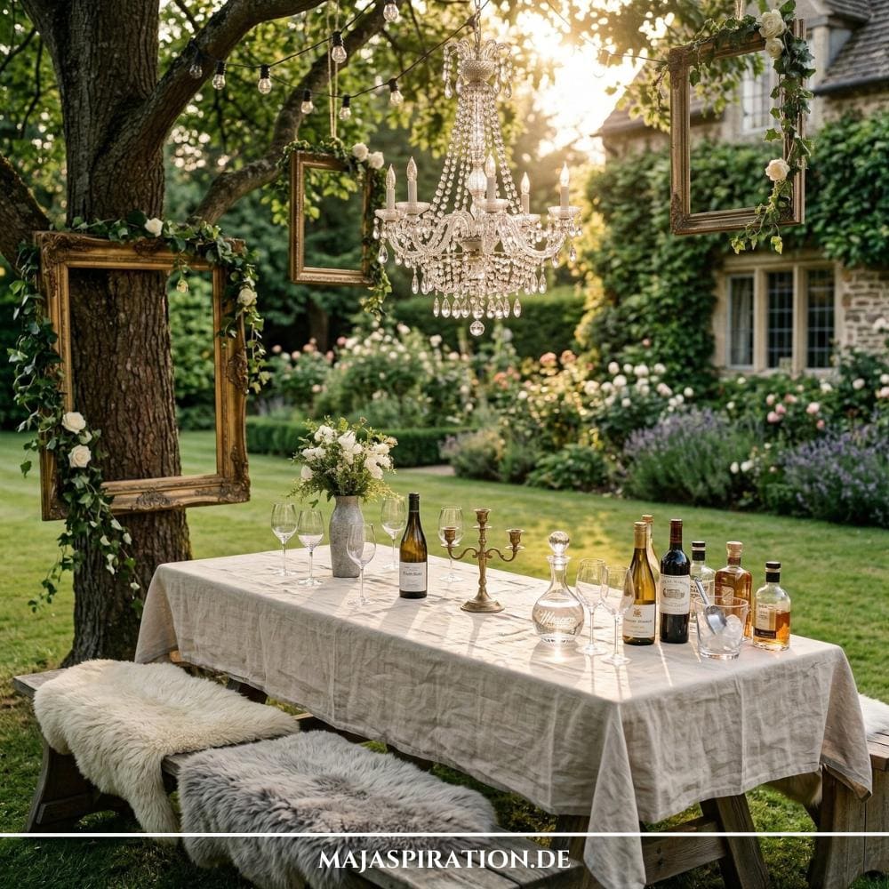Diese idyllische Gartenszene zeigt inspirierende Gartenparty Deko Ideen für eine elegante Feier im Freien, mit einem prächtigen Kristall-Kronleuchter und floral verzierten antiken Bilderrahmen, die an einem Baum über einem gedeckten Tisch hängen. Die Szene bietet kreative Gartenparty Deko Ideen mit rustikalem Charme und Vintage-Flair für eine unvergessliche Atmosphäre.