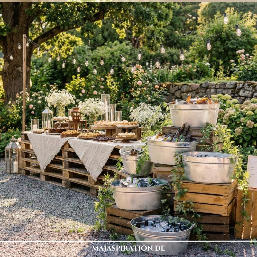 Ein Buffet aus aufeinandergestapelten Holzpaletten und Obstkisten als rustikale Gartenparty Deko Ideen im Freien. Das Arrangement zeigt mehrere Zinkwannen mit Getränken auf Eis, verschiedene Desserts sowie stimmungsvolle Lichterketten und Blumenarrangements mit Schleierkraut bei Tageslicht.