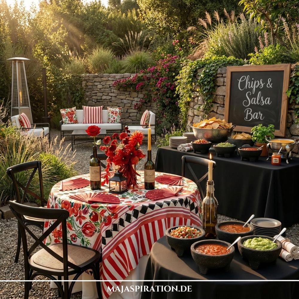 Eine lebendige Gartenparty Deko Idee für eine mexikanische Fiesta-Themenparty im Freien. Der Buffet-Tisch zeigt eine 'Chips & Salsa Bar' mit Molcajete-Schalen und einem Kreidetafel-Schild, während der Speisetisch mit gemusterten Decken, roten Dahlien und Kerzenhaltern aus Weinflaschen dekoriert ist. Diese Deko-Idee schafft eine gemütliche und einladende Atmosphäre.