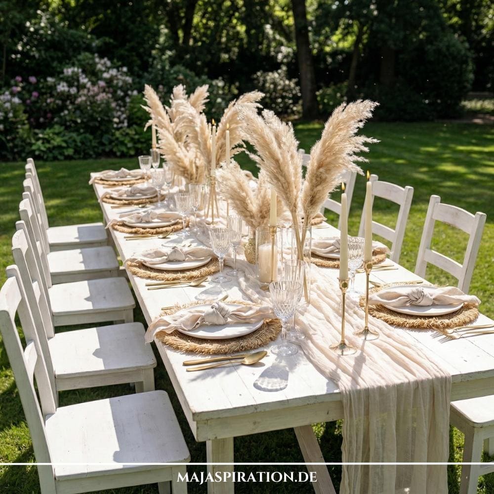 Dieses Foto zeigt eine wunderschön dekorierte, lange weiße Tafel für eine Gartenparty, reich verziert mit luftigem Pampasgras, warmen Goldakzenten und cremefarbenen Textilien, die ideale Gartenparty Deko Ideen für den bohemian-eleganten Stil liefert. Der Einsatz von Trendfarben wie Cloud Dancer und die harmonische Kombination von Materialien machen dieses Setting zu einer perfekten Inspiration.
